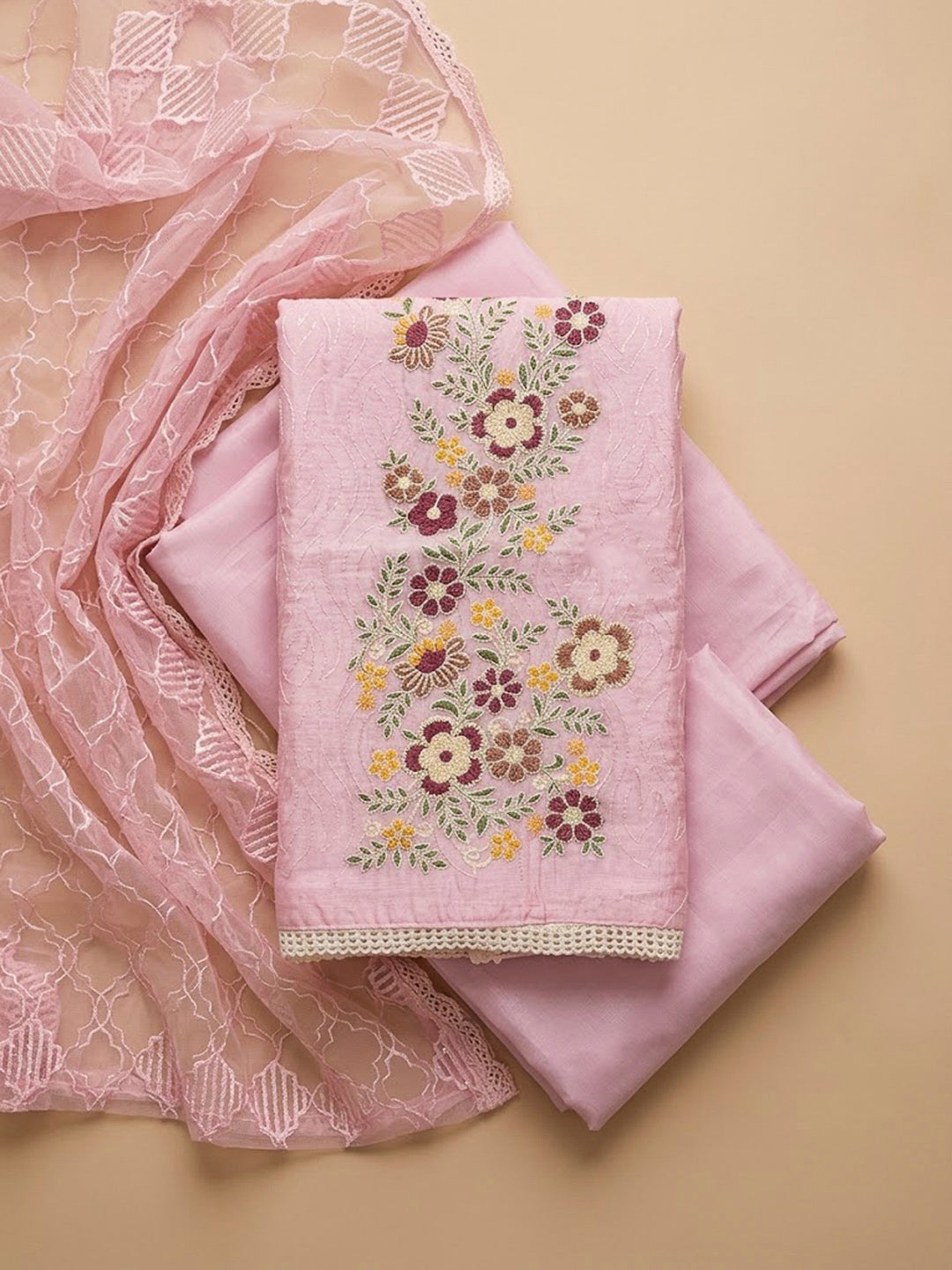 Pink Chanderi Embroidered Unstitched Dress Material
