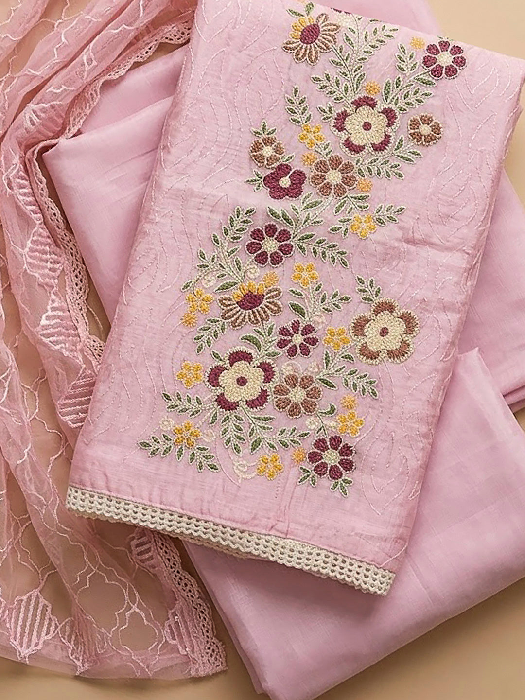 Pink Chanderi Embroidered Unstitched Dress Material