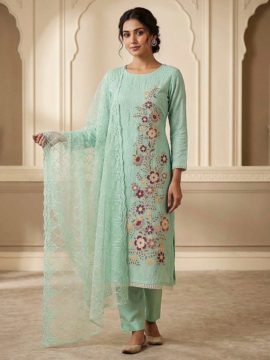 Sea Green Chanderi Embroidered Unstitched Dress Material