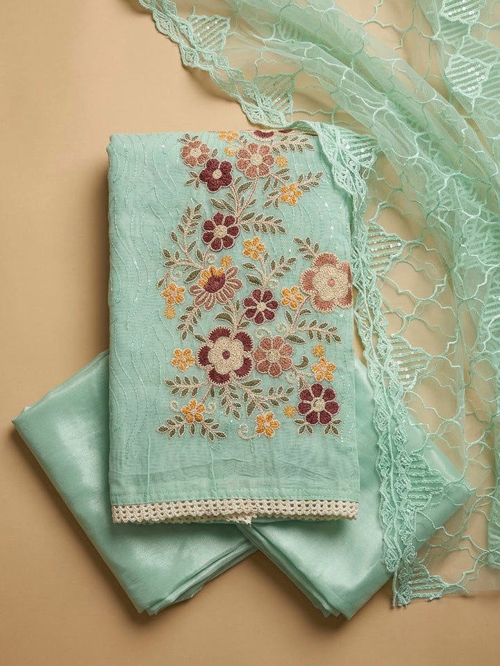 Sea Green Chanderi Embroidered Unstitched Dress Material