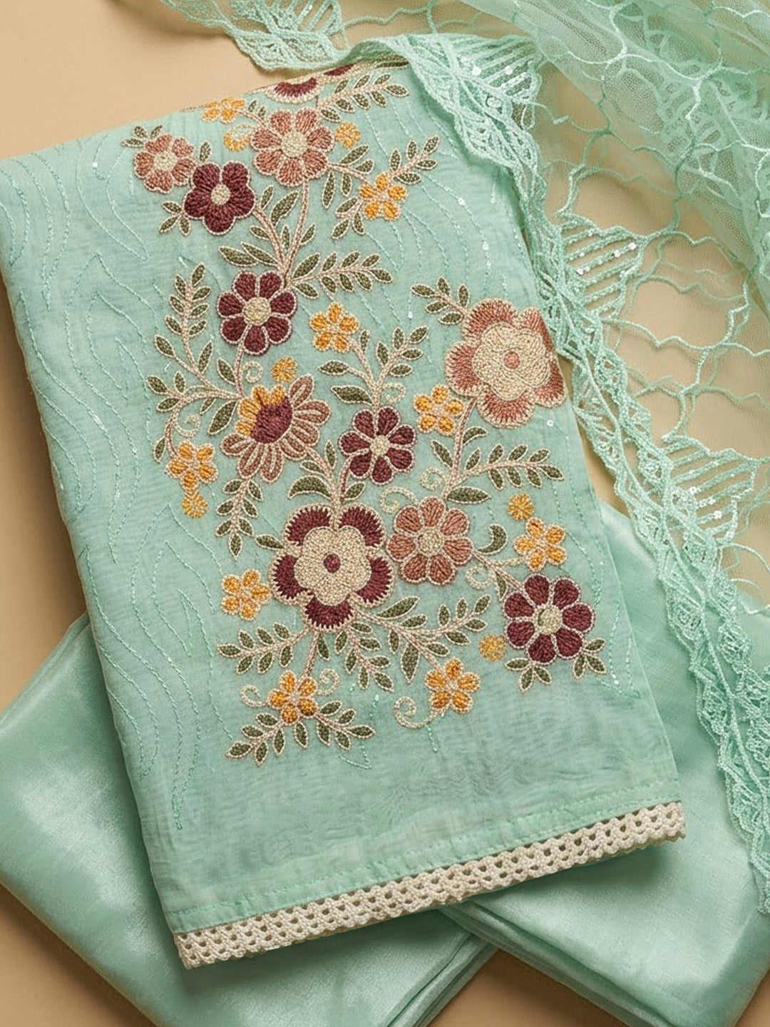 Sea Green Chanderi Embroidered Unstitched Dress Material
