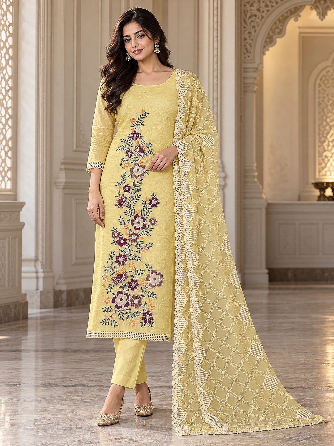 Yellow Chanderi Embroidered Unstitched Dress Material