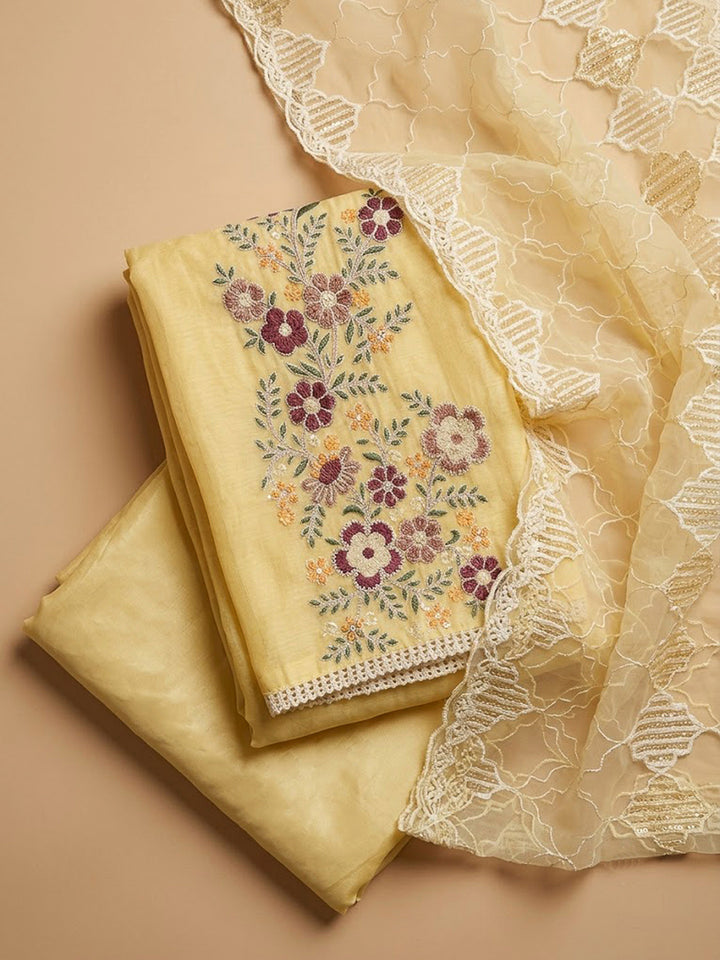 Yellow Chanderi Embroidered Unstitched Dress Material