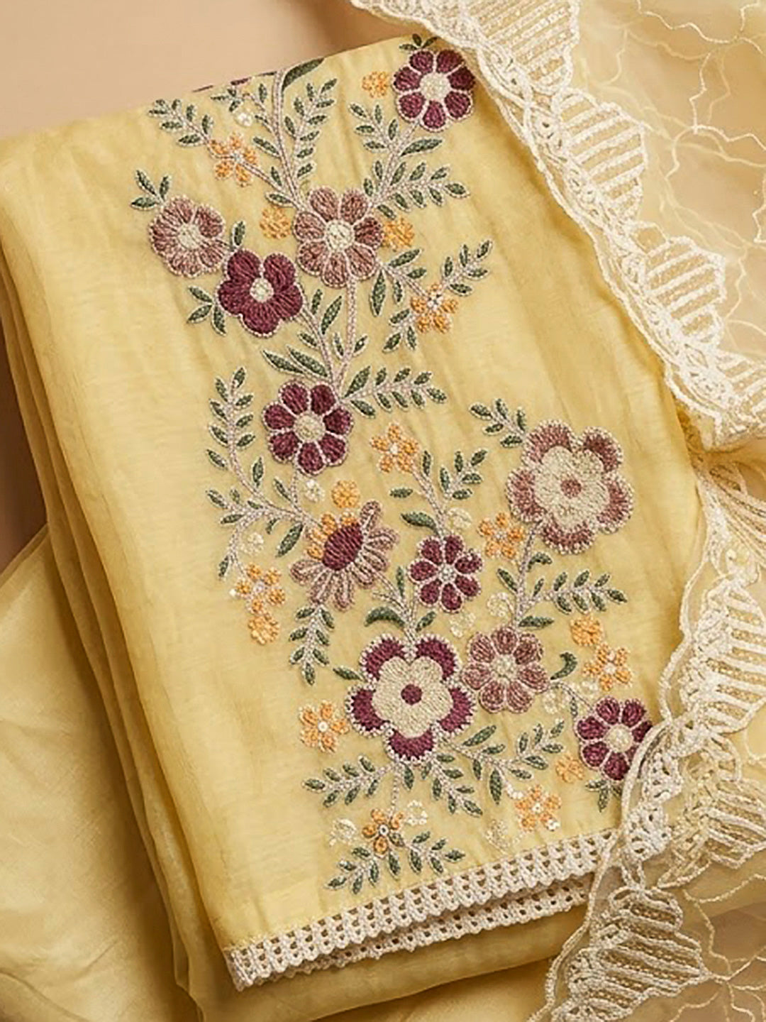 Yellow Chanderi Embroidered Unstitched Dress Material