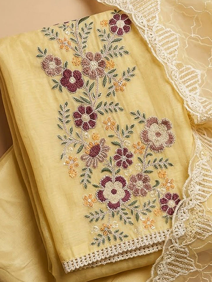 Yellow Chanderi Embroidered Unstitched Dress Material