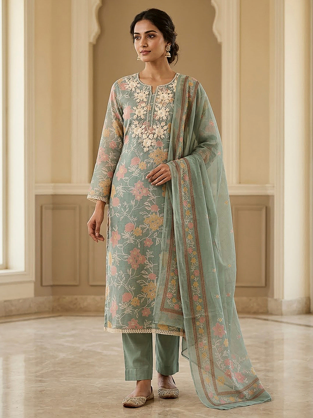 Aqua Chanderi Embroidered Unstitched Dress Material