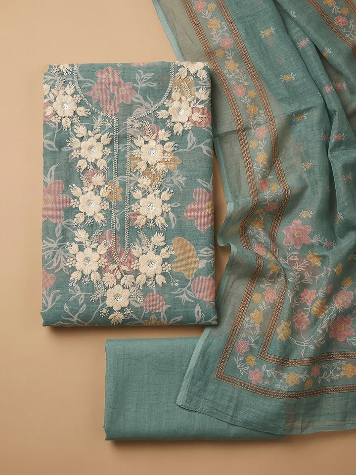 Aqua Chanderi Embroidered Unstitched Dress Material