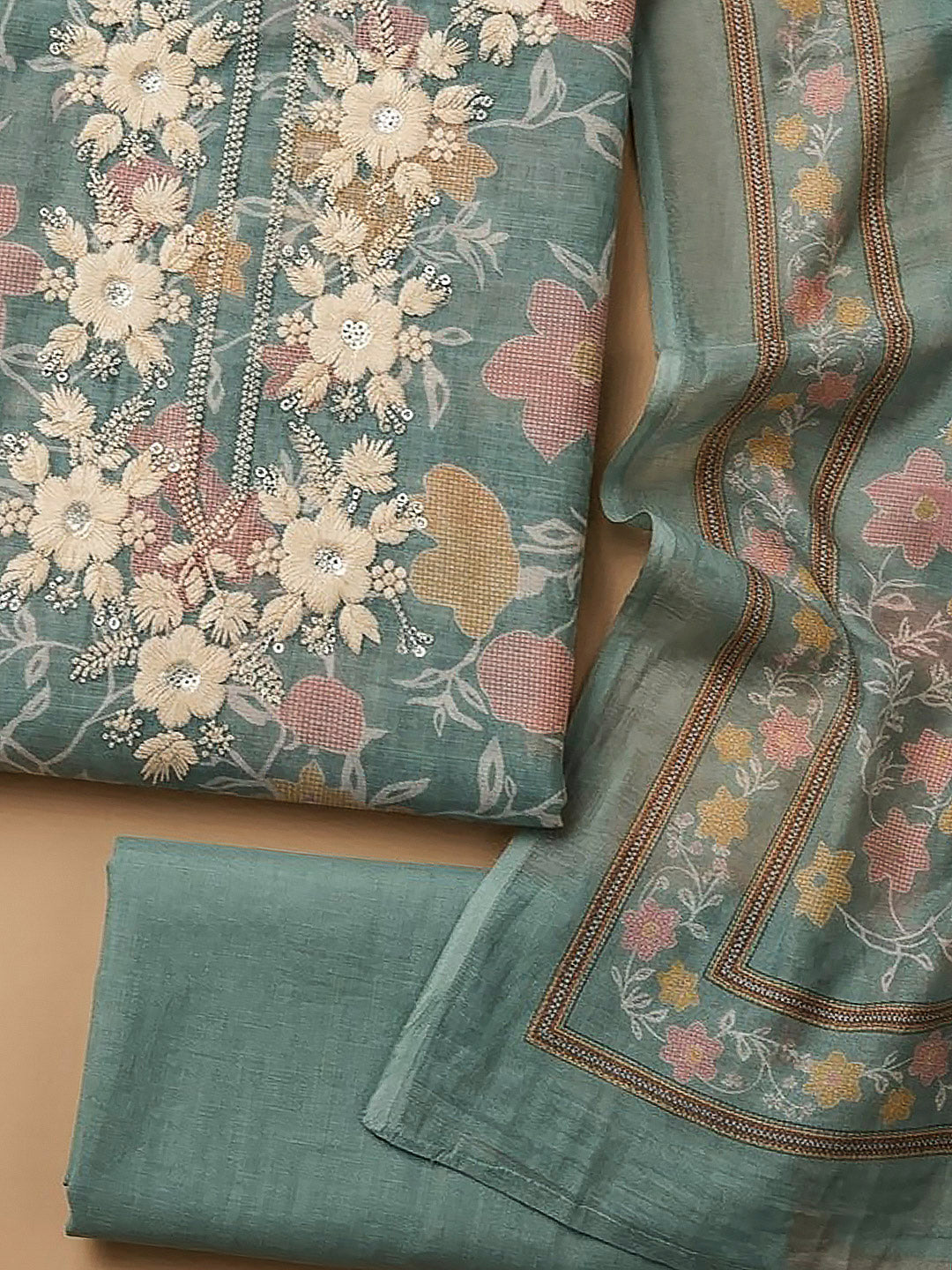Aqua Chanderi Embroidered Unstitched Dress Material