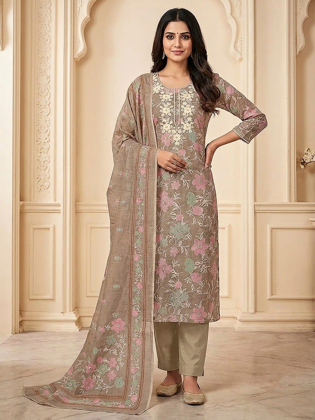 Brown Chanderi Embroidered Unstitched Dress Material