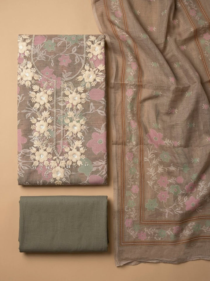 Brown Chanderi Embroidered Unstitched Dress Material