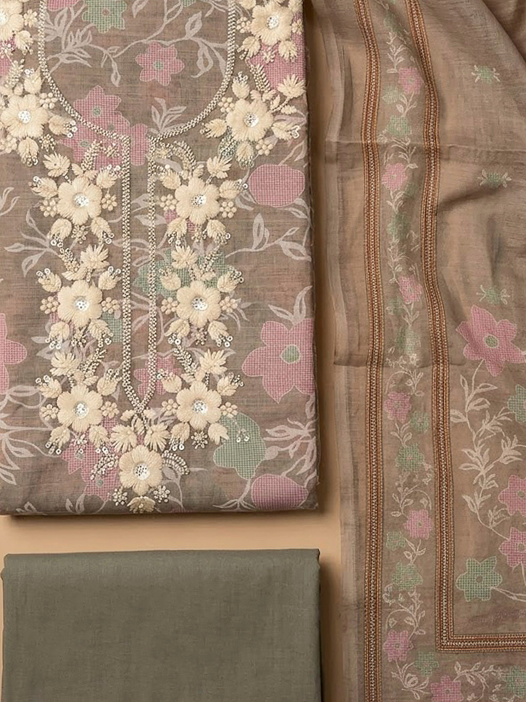 Brown Chanderi Embroidered Unstitched Dress Material