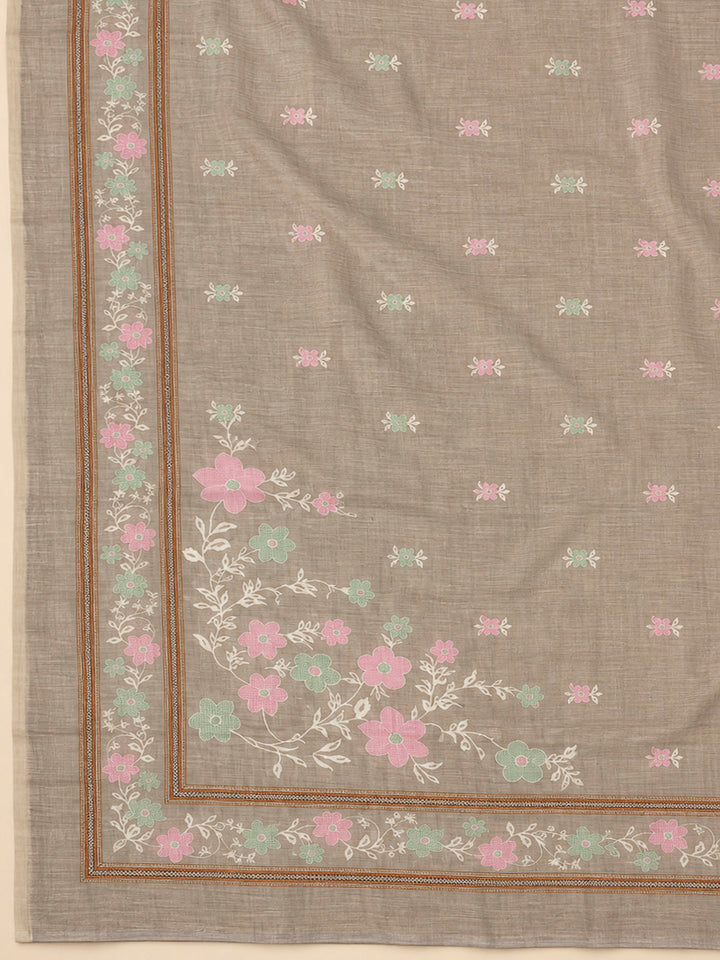 Brown Chanderi Embroidered Unstitched Dress Material
