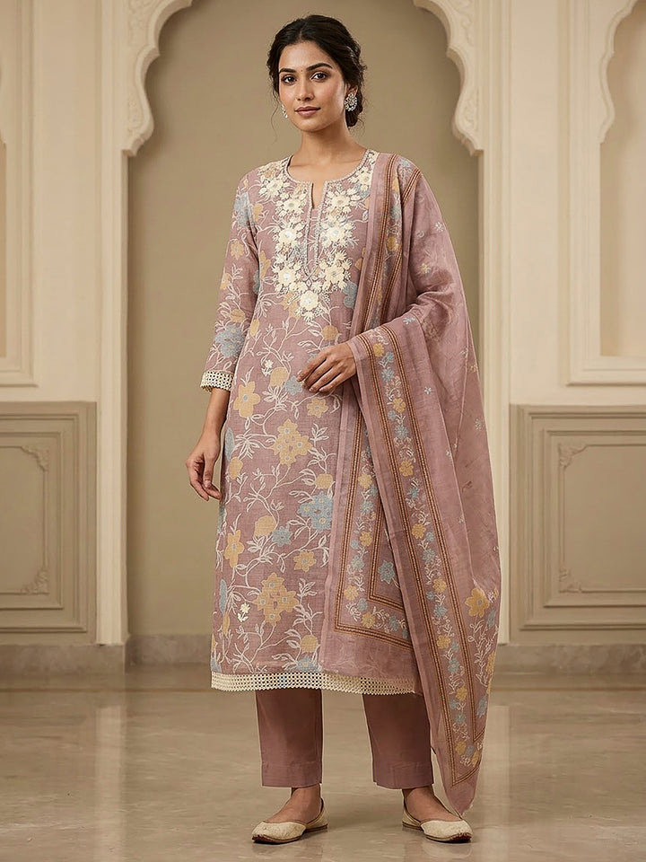 Onion Pink Chanderi Embroidered Unstitched Dress Material