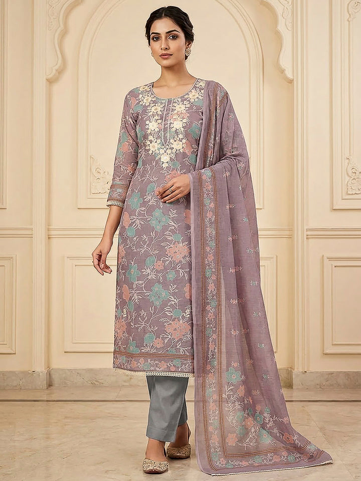 Purple Chanderi Embroidered Unstitched Dress Material
