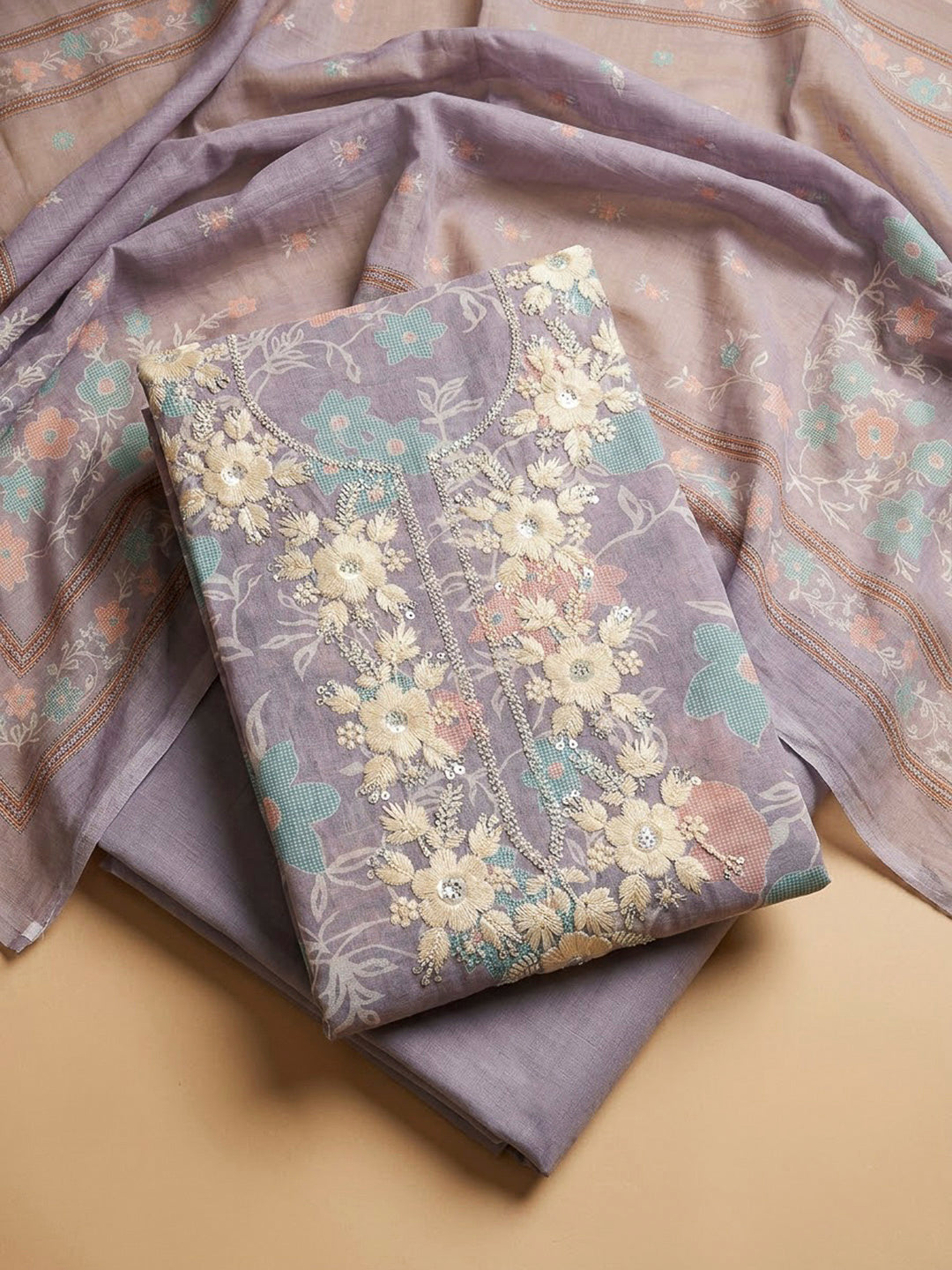 Purple Chanderi Embroidered Unstitched Dress Material