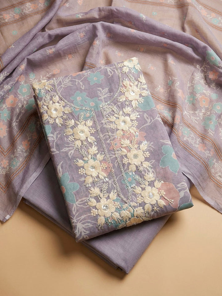 Purple Chanderi Embroidered Unstitched Dress Material