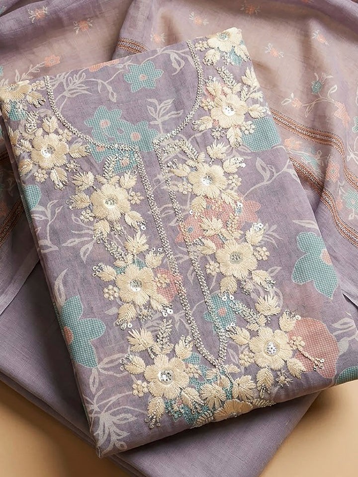 Purple Chanderi Embroidered Unstitched Dress Material