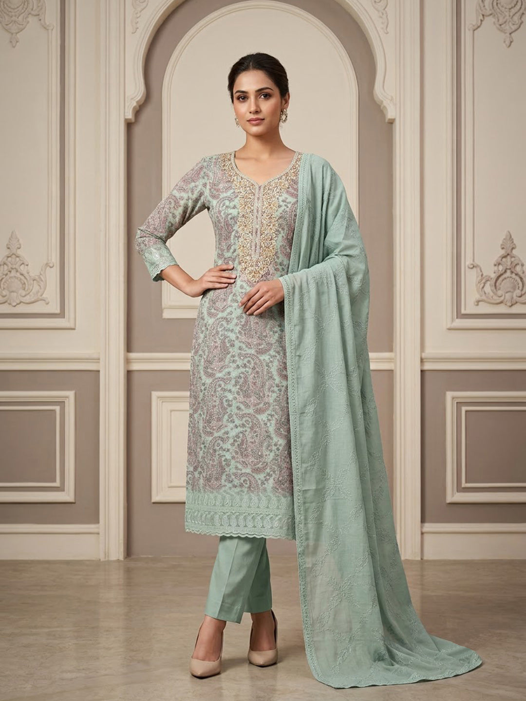 Grey Cotton Blend Embroidered Unstitched Dress Material