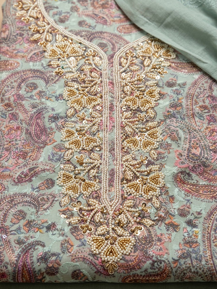 Grey Cotton Blend Embroidered Unstitched Dress Material