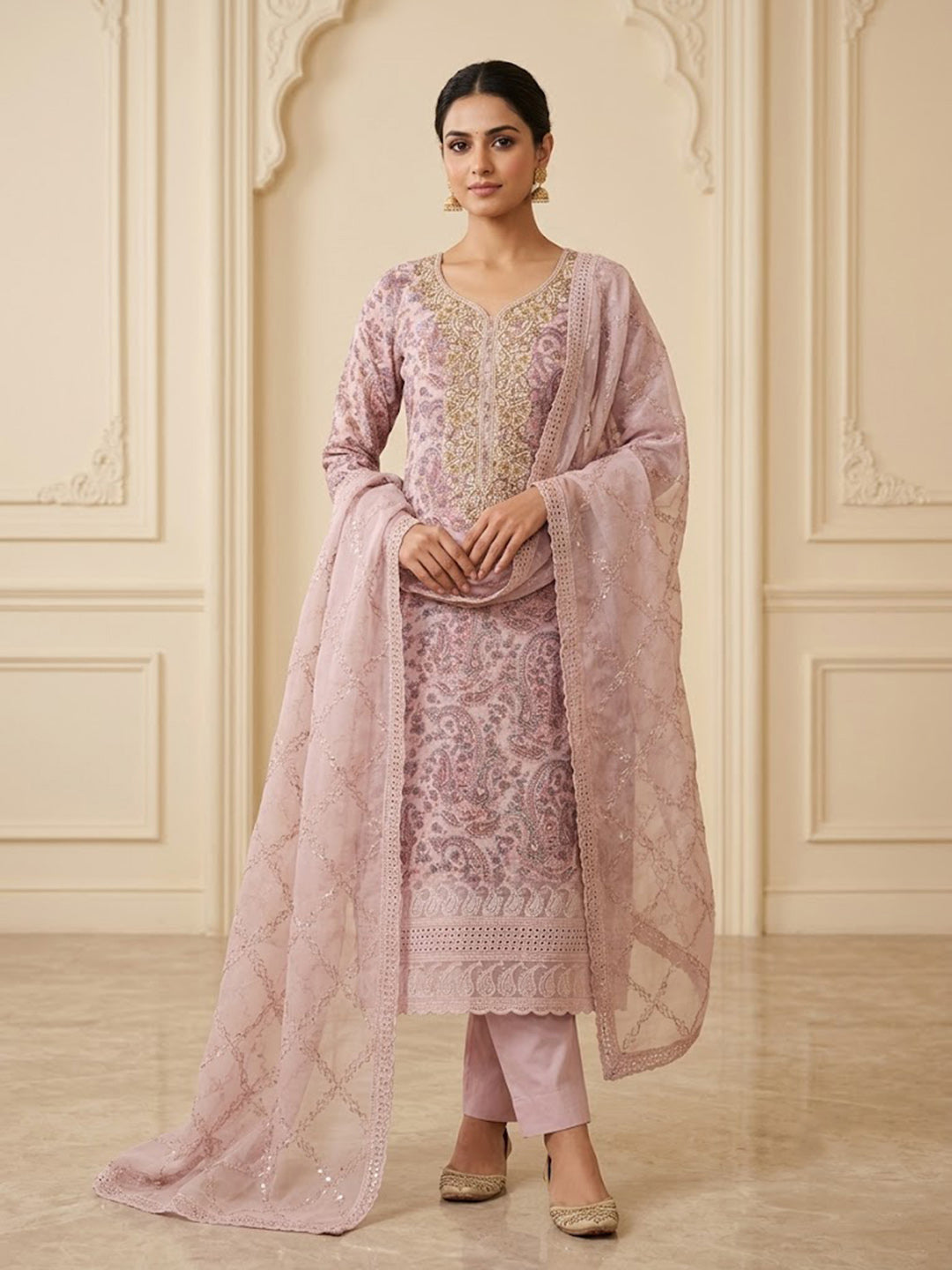 Onion-Pink Cotton Blend Embroidered Unstitched Dress Material