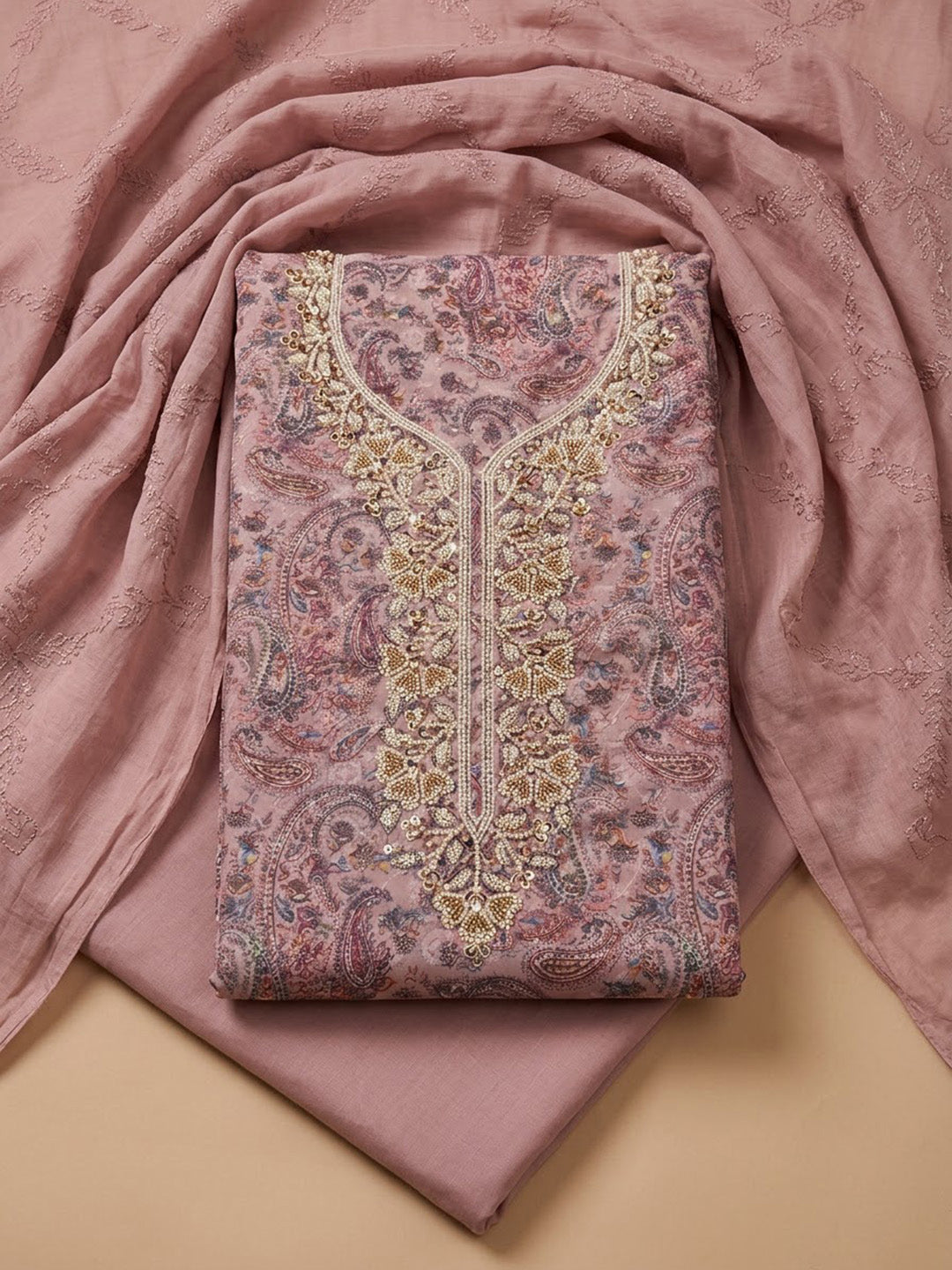 Onion-Pink Cotton Blend Embroidered Unstitched Dress Material