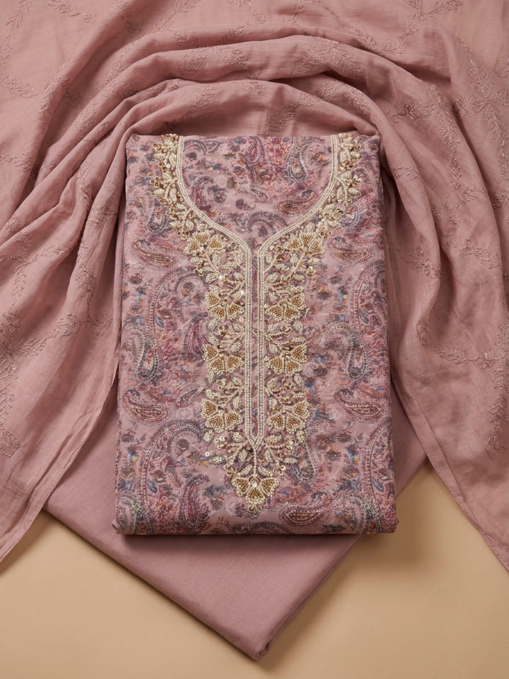 Onion-Pink Cotton Blend Embroidered Unstitched Dress Material