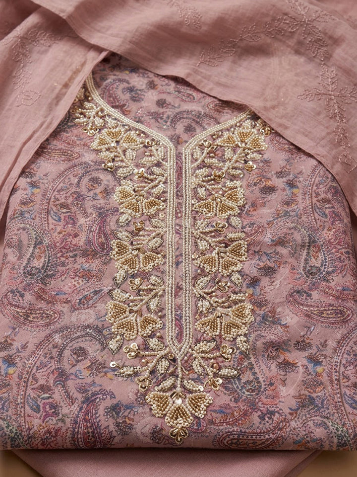 Onion-Pink Cotton Blend Embroidered Unstitched Dress Material