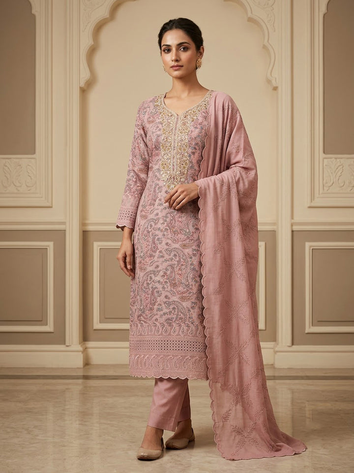 Peach Cotton Blend Embroidered Unstitched Dress Material