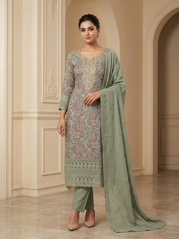 Pista-Green Cotton Blend Embroidered Unstitched Dress Material