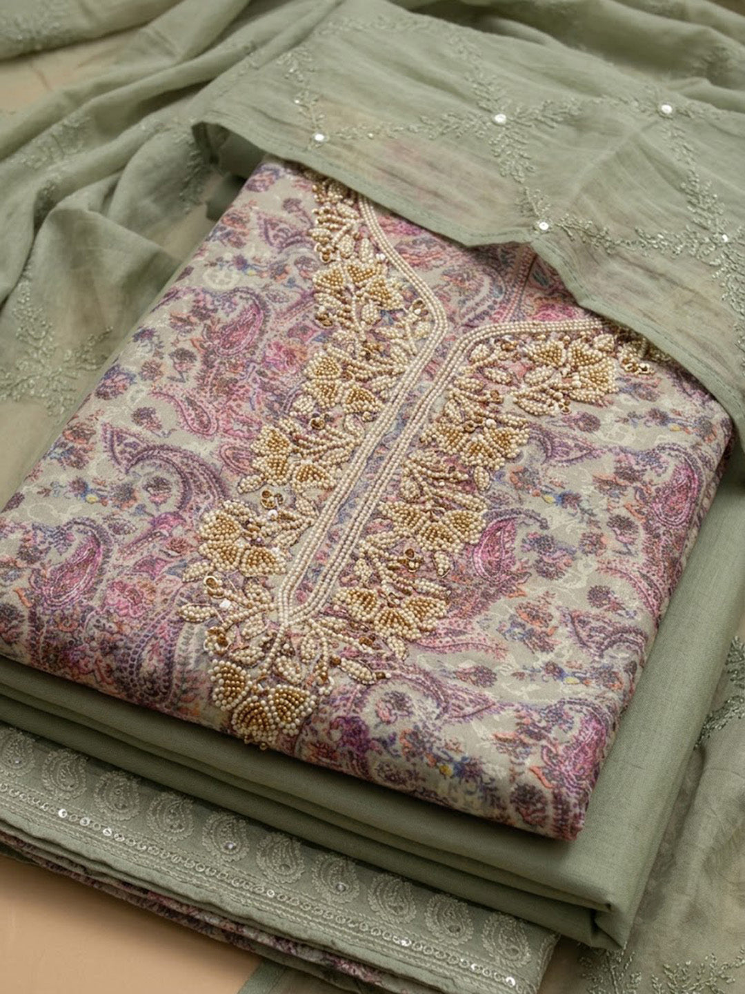 Pista-Green Cotton Blend Embroidered Unstitched Dress Material