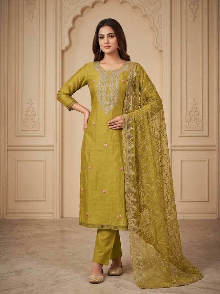 Mehndi Chanderi Embroidered Unstitched Dress Material