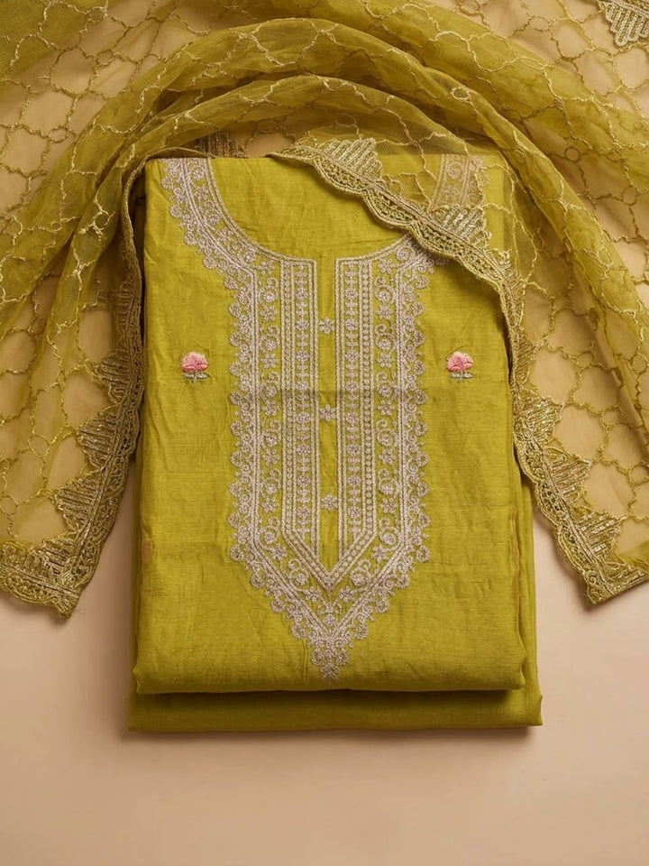 Mehndi Chanderi Embroidered Unstitched Dress Material