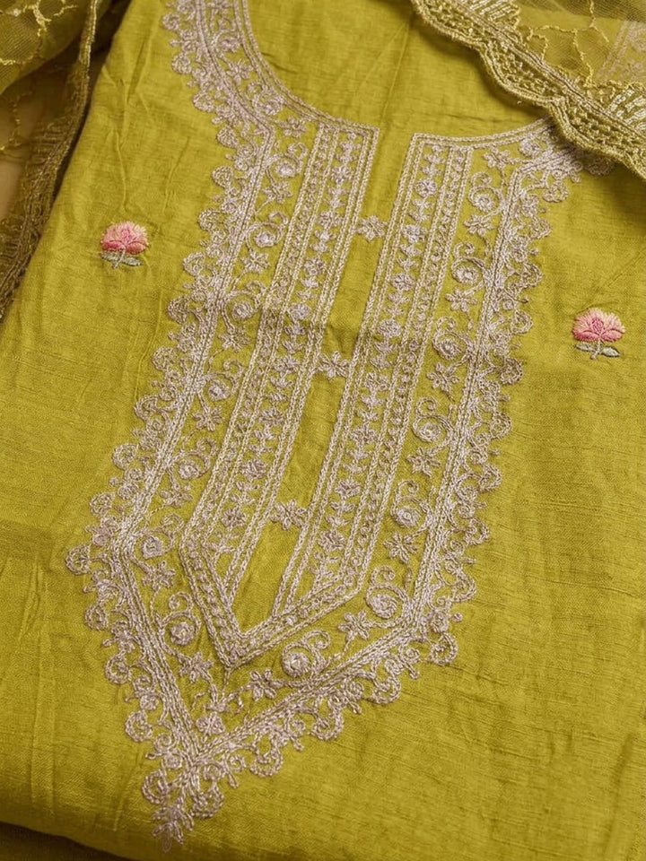 Mehndi Chanderi Embroidered Unstitched Dress Material