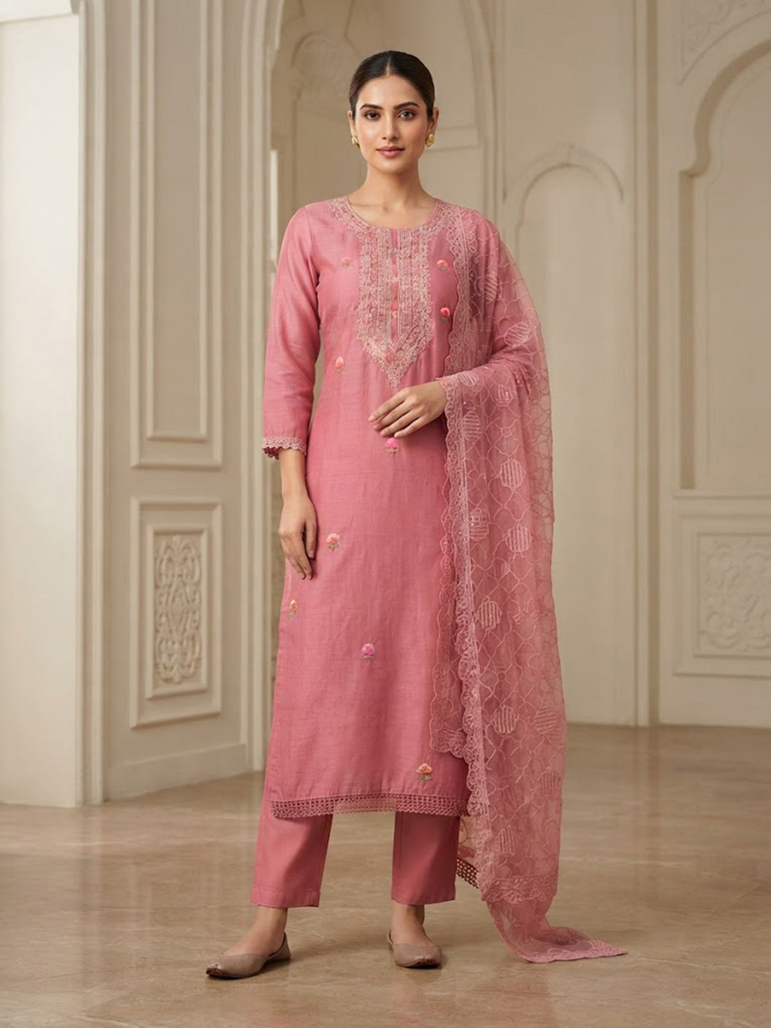Onion-Pink Chanderi Embroidered Unstitched Dress Material