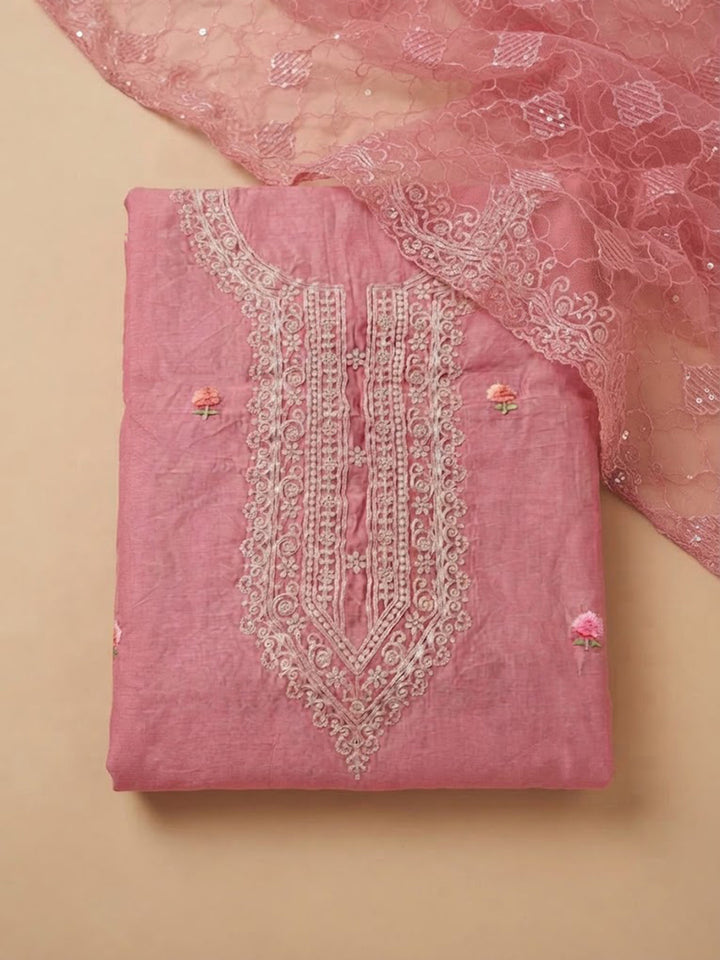 Onion-Pink Chanderi Embroidered Unstitched Dress Material