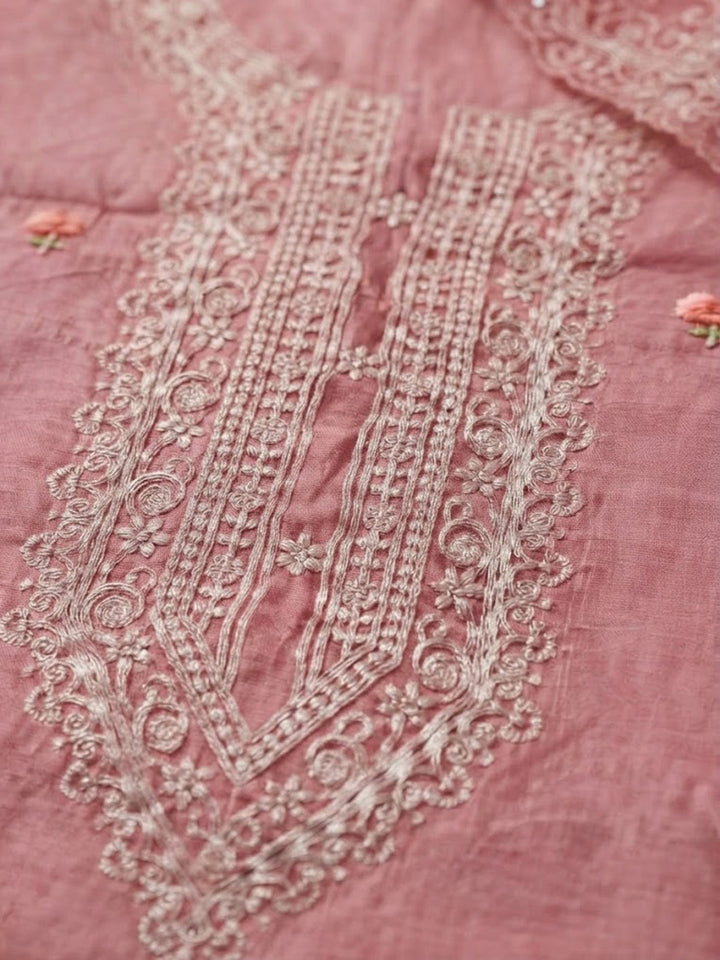 Onion-Pink Chanderi Embroidered Unstitched Dress Material