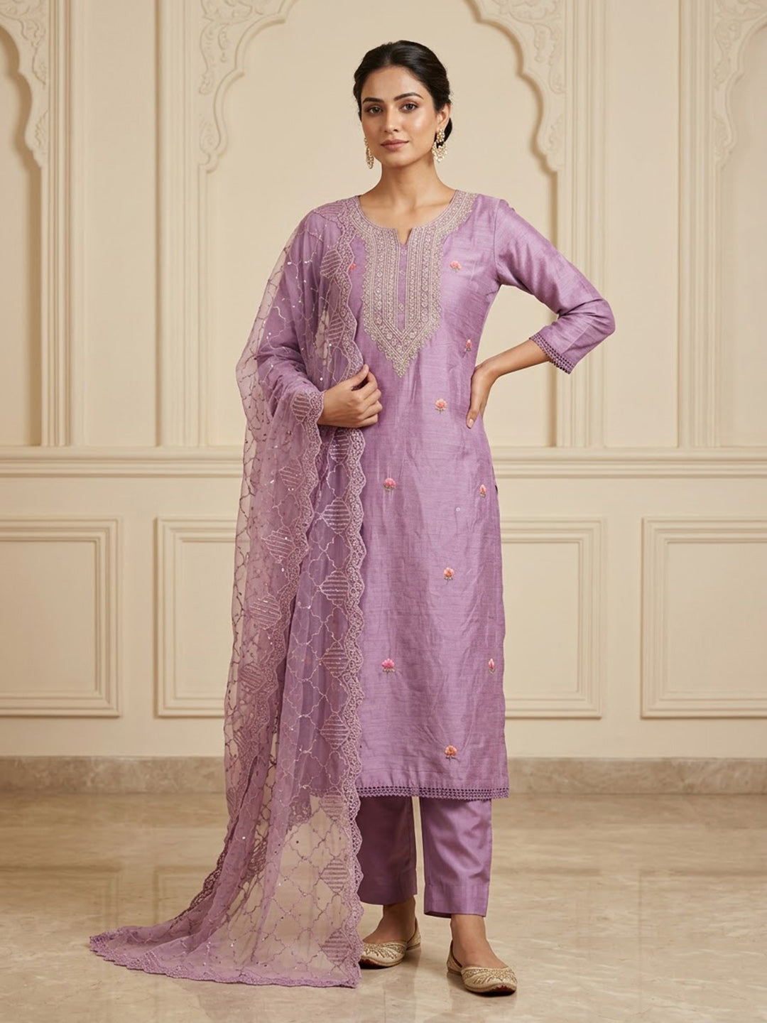 Purple Chanderi Embroidered Unstitched Dress Material