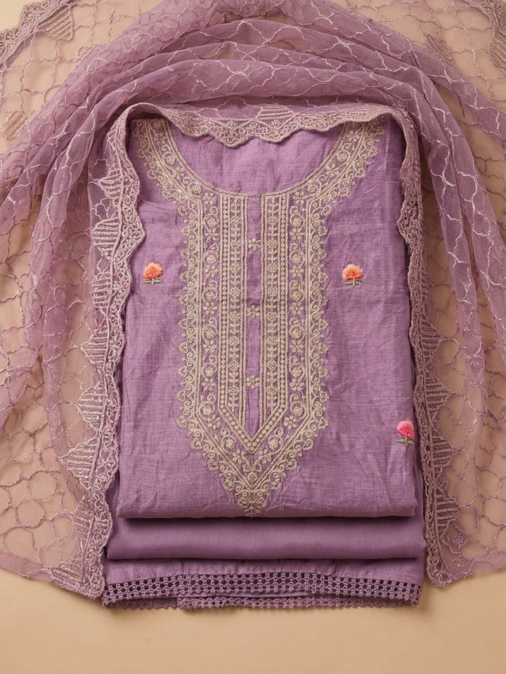 Purple Chanderi Embroidered Unstitched Dress Material