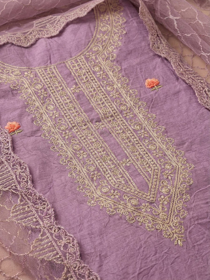 Purple Chanderi Embroidered Unstitched Dress Material