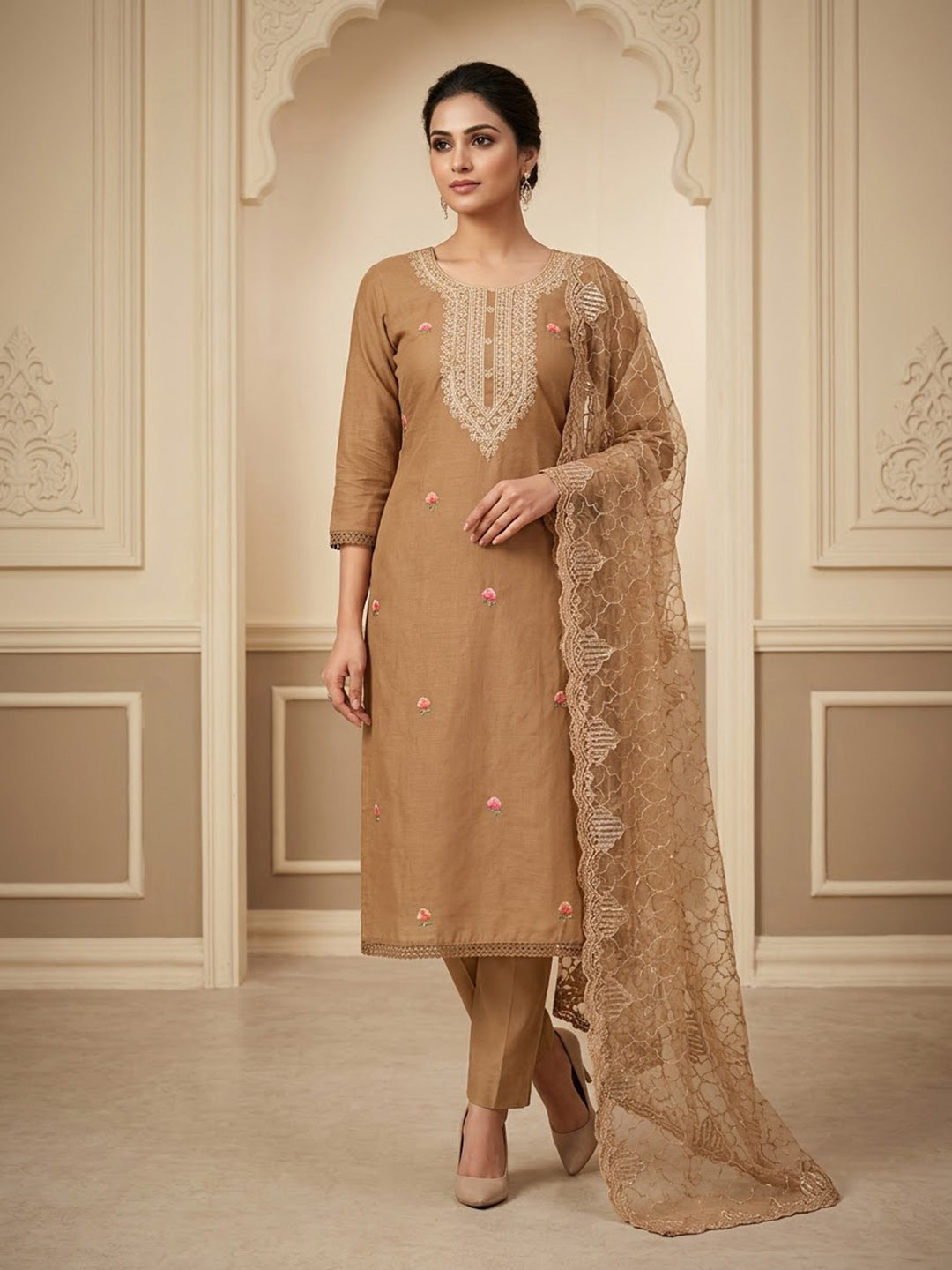 Rust Chanderi Embroidered Unstitched Dress Material