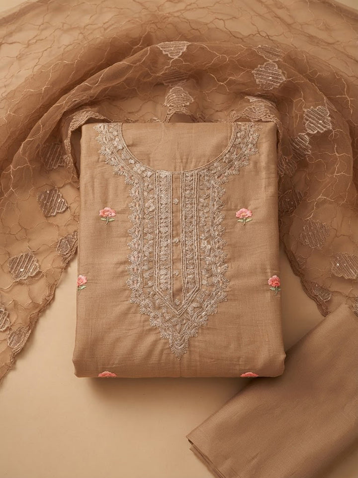 Rust Chanderi Embroidered Unstitched Dress Material