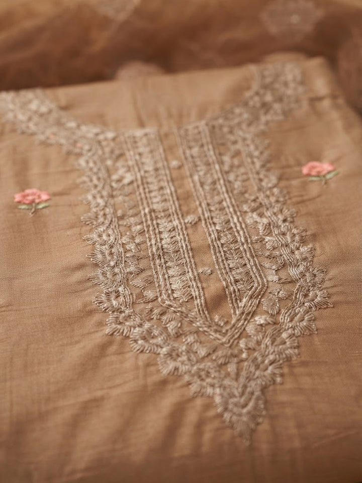 Rust Chanderi Embroidered Unstitched Dress Material