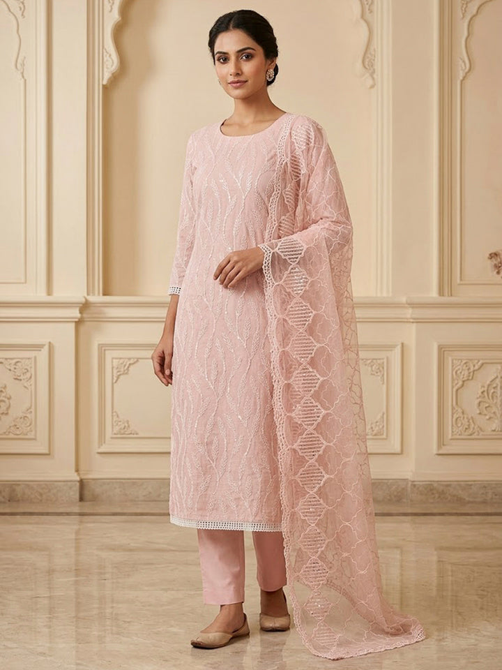 Peach Chanderi Embroidered Unstitched Dress Material
