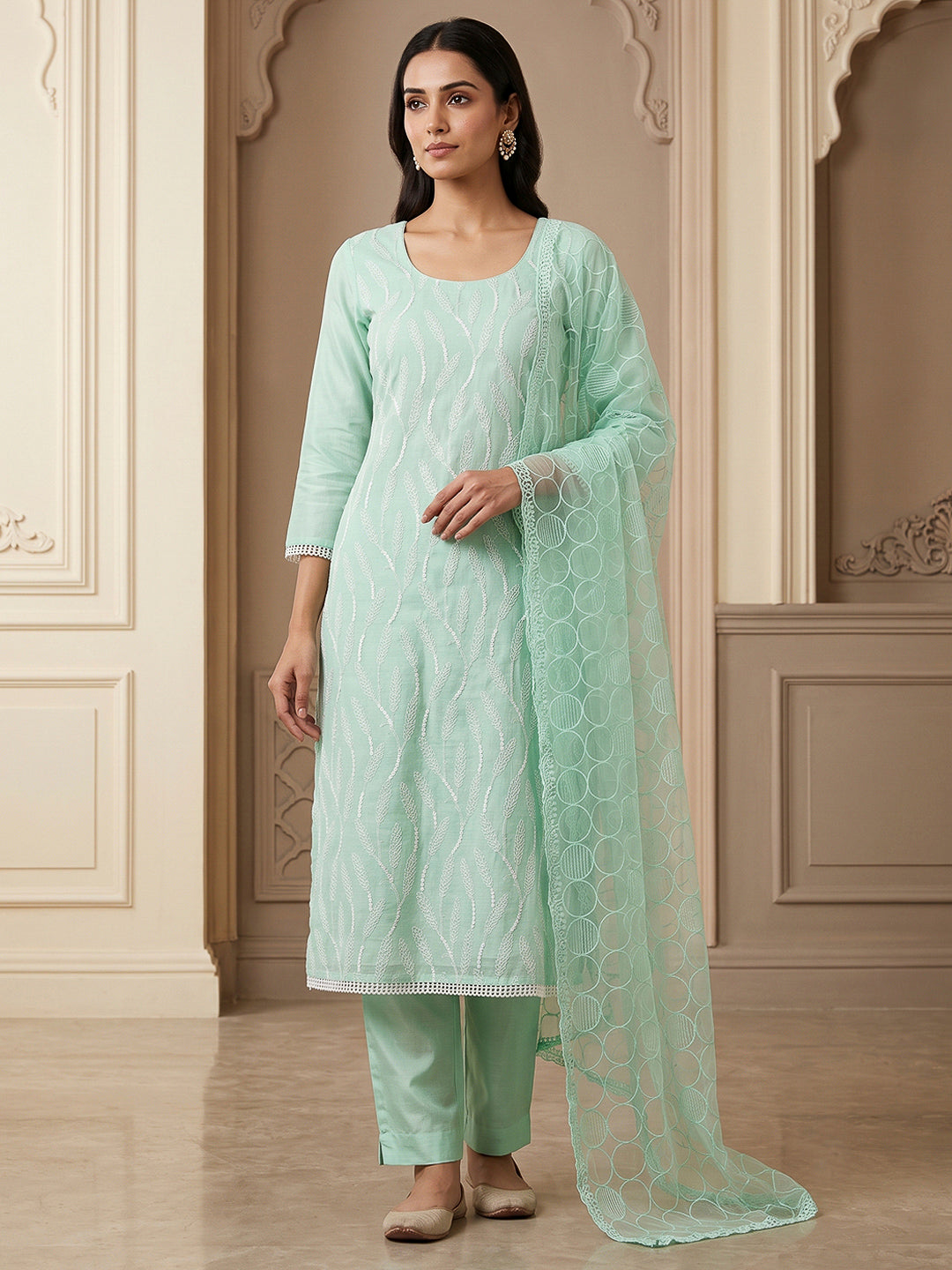 Sea Green Chanderi Embroidered Unstitched Dress Material