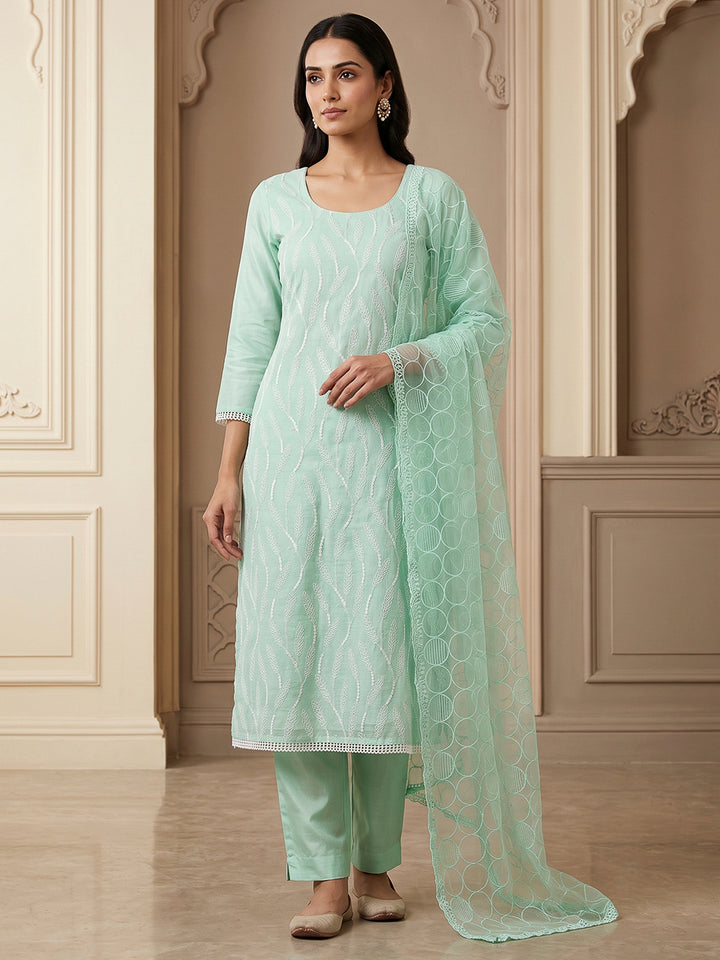 Sea Green Chanderi Embroidered Unstitched Dress Material