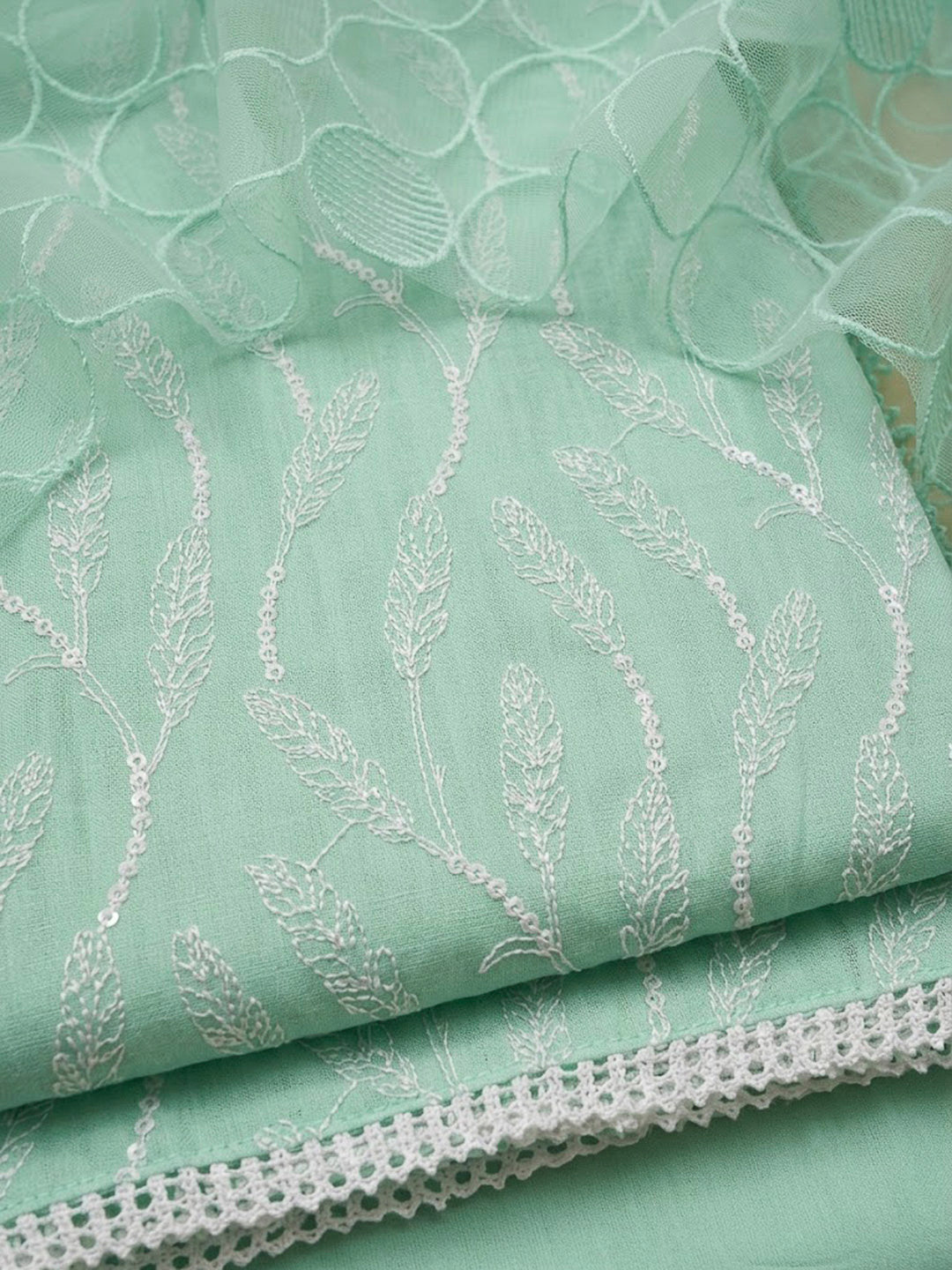 Sea Green Chanderi Embroidered Unstitched Dress Material