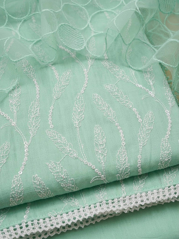 Sea Green Chanderi Embroidered Unstitched Dress Material