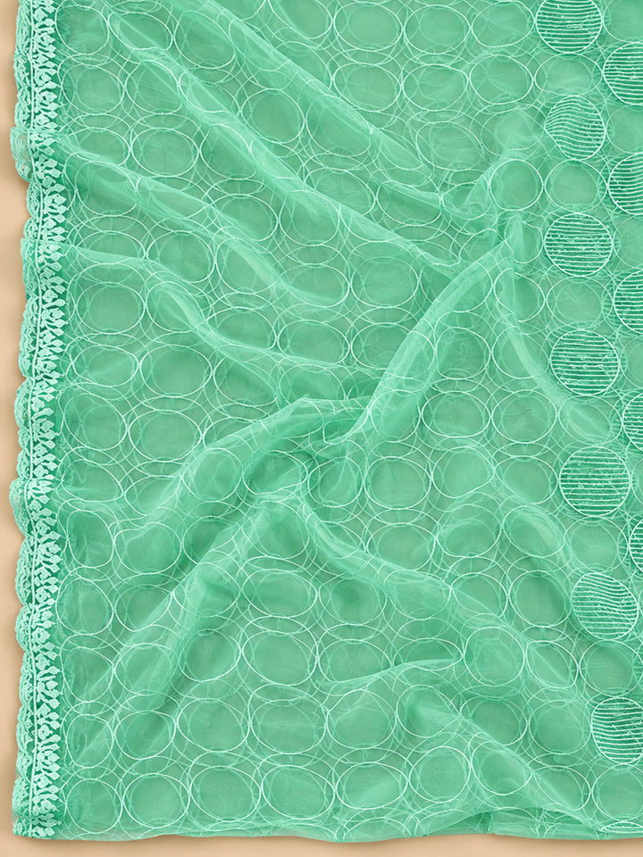 Sea Green Chanderi Embroidered Unstitched Dress Material