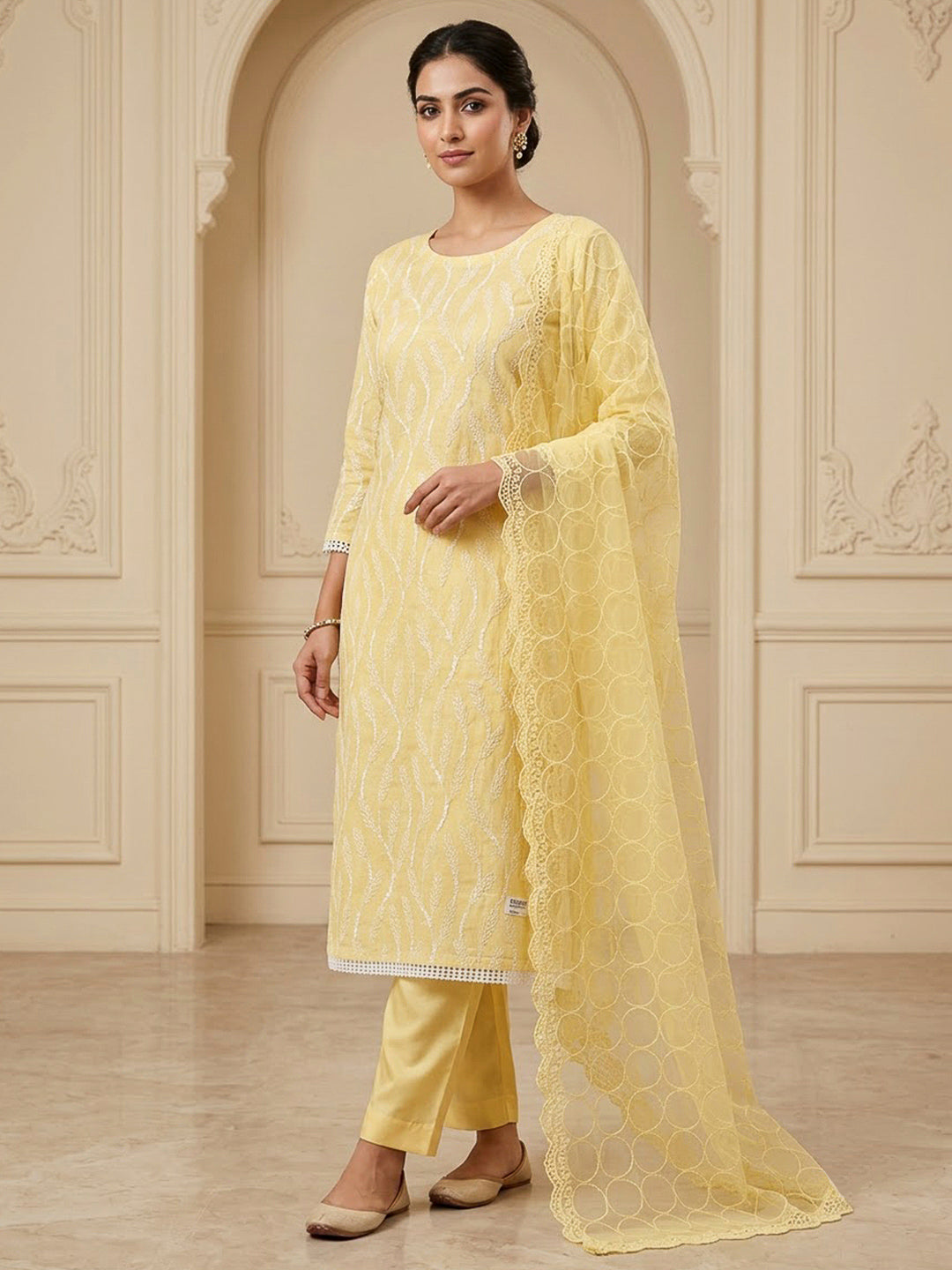 Yellow Chanderi Embroidered Unstitched Dress Material