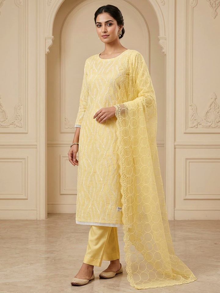 Yellow Chanderi Embroidered Unstitched Dress Material